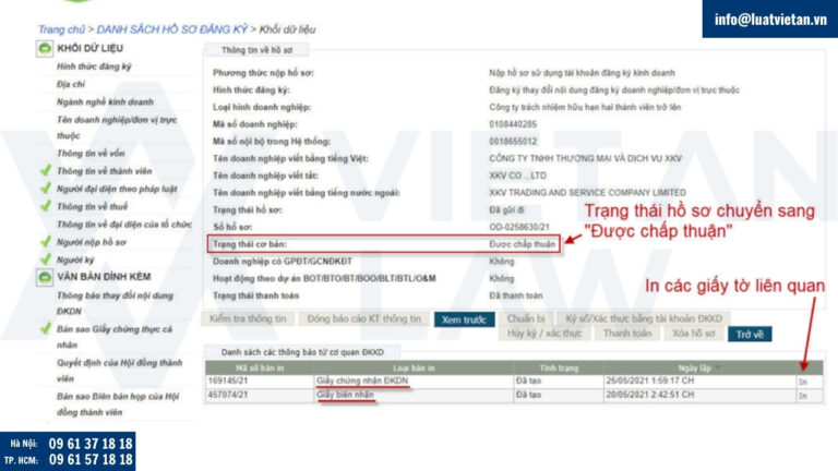 Theo dõi trạng thái và nhận kết quả Mở công ty online qua mạng