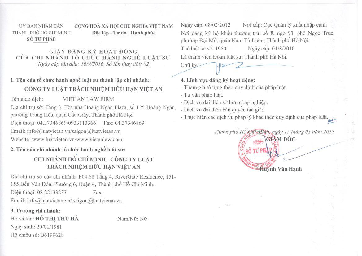 Giấy đăng ký hoạt động của Chi Nhánh Luật Việt An tại TP HCM