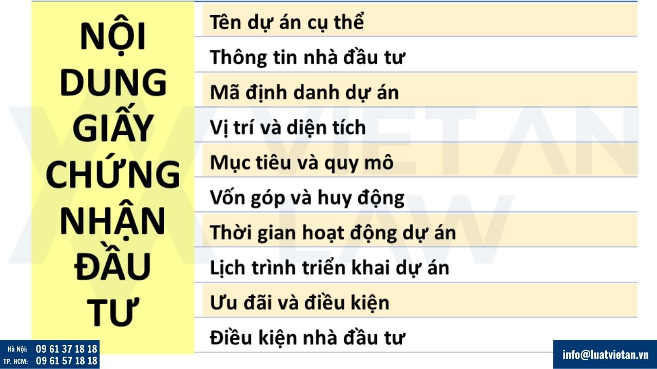 Nội dung cơ bản trên Giấy chứng nhận đầu tư