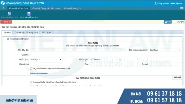 màn hình khai báo hồ sơ gia hạn nhãn hiệu online