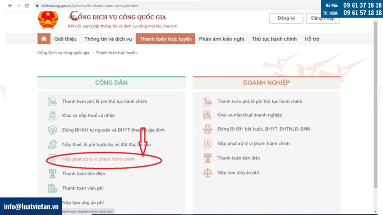 Nộp phạt xử lý vi phạm hành chính trên giao diện cổng dịch vụ công quốc gia