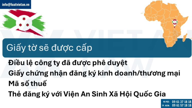 Sau khi hoàn tất quy trình đăng ký tại Cơ quan Xúc tiến Đầu tư Burundi (API), doanh nghiệp của bạn sẽ nhận được một bộ các giấy tờ pháp lý